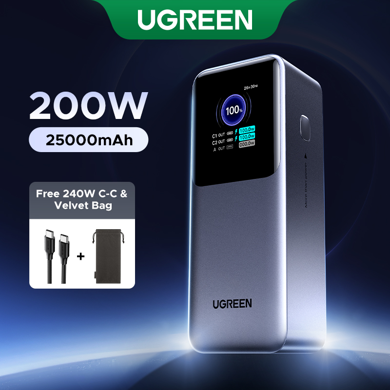 UGREEN 25000mAh Laptop Powerbank PD 200W 2C1A Fast Charging Power Bank for Laptop Power Adapter Dell Lenovo MacBook Pro/Air, Dell XPS, iPad Mini/Pro, Samsung Galaxy S24 Ultra Z Fold6 M14 Z Flip5, Xiao