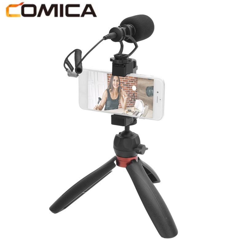COMICA CVM-VM10-K2 Pro Multi-functional Smartphone Video Vlog Kit with Cardioid Microphone Ball Head Tripod Phone Holder 3.5mm TRS to TRRS Cable Foam Fur Windshield Carrying Bag