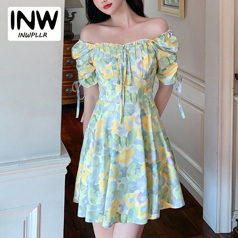 INWPLLR French Style Dress Womens Fashion Tie-dye Dress Casual Korean Cute Bubble Sleeve Dresses Lady Green Print Dress