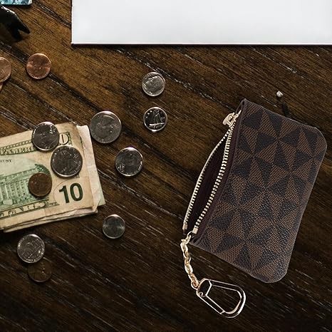 Veki Coin Purse Mini Wallet Wallet with Keychain Ring Zipper Men's Women's Fashion Bag Keychain Pendant Leather Classic Clutch, Brown, 1